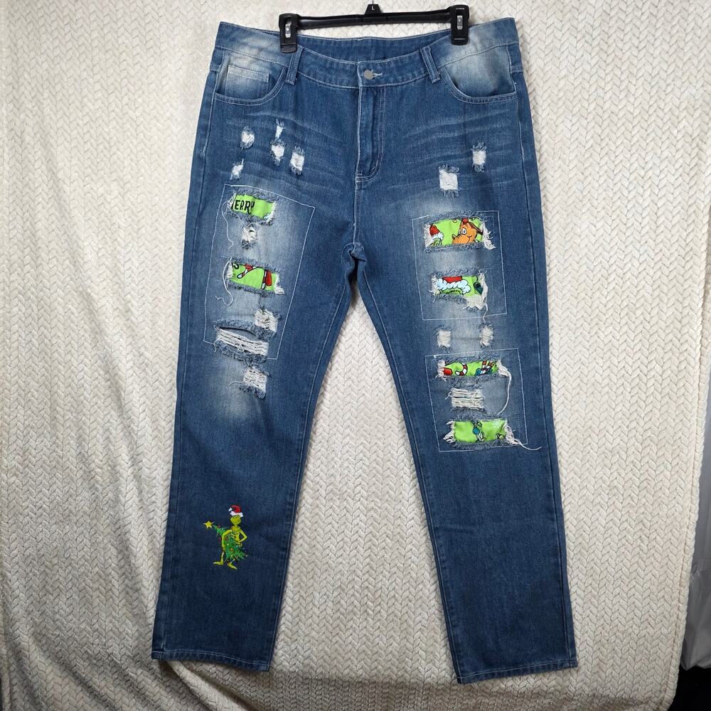 Jeans USA Women 5XL Blue Distressed Patchwork Straight Leg Jeans Holiday Kidcore